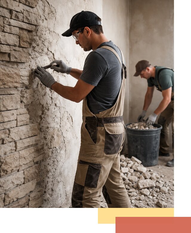 Демонтаж декоративного камня в зиме профессионально и безопасно