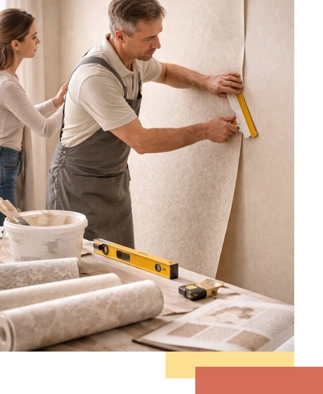 Поклейка обоев с подбором рисунка в зиме