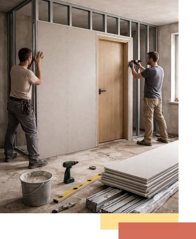 Перегородка из гипсокартона с дверью под ключ в зиме