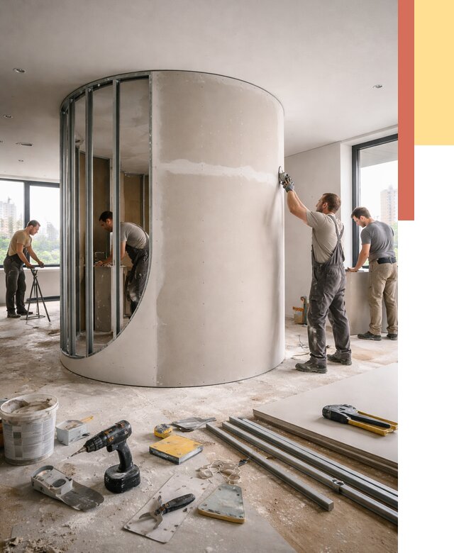 Радиусная перегородка из гипсокартона в зиме от 2966 руб. под ключ | ОТДЕЛОЧНИК-Зма