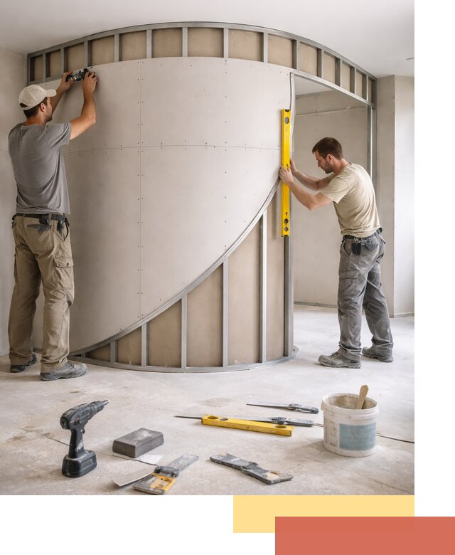 Радиусная перегородка из гипсокартона в зиме под ключ