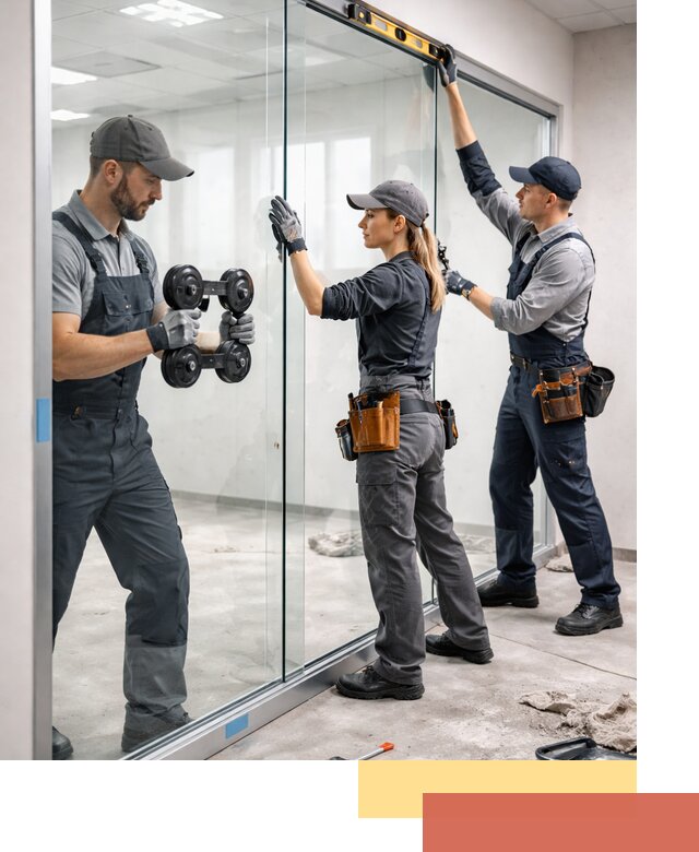 Профессиональный монтаж стеклянных перегородок в зиме