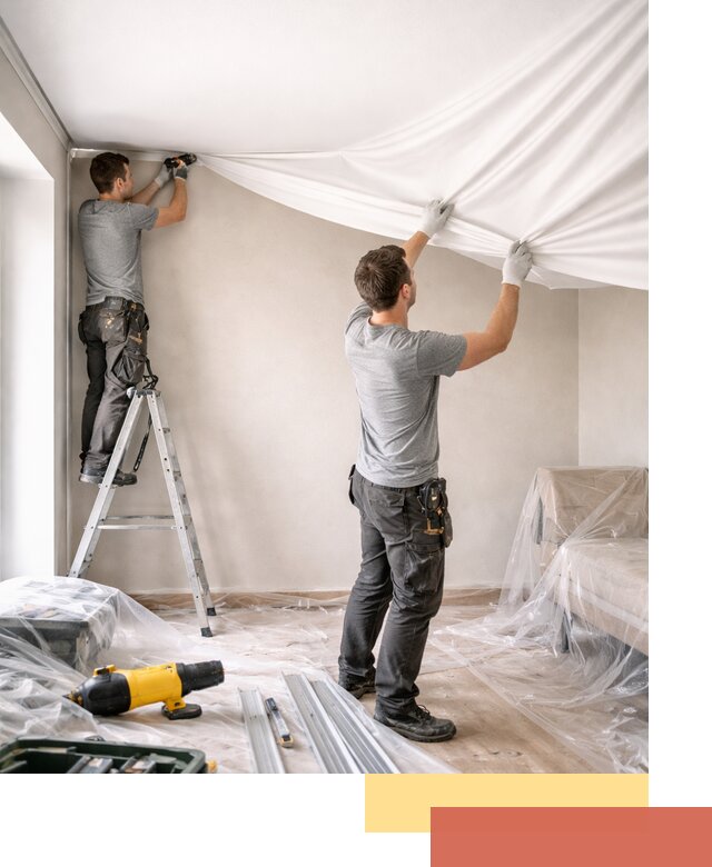 Монтаж тканевого натяжного потолка в зиме недорого и быстро