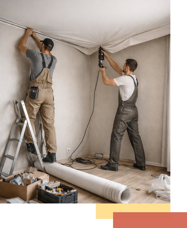 Монтаж цветного натяжного потолка в зиме за один день