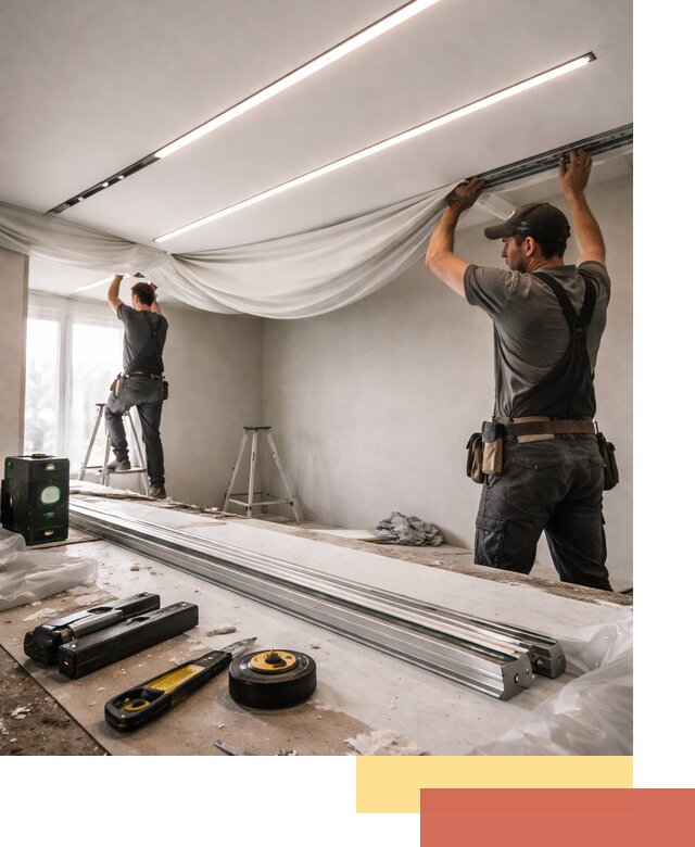 Монтаж натяжных потолков со световыми линиями в зиме