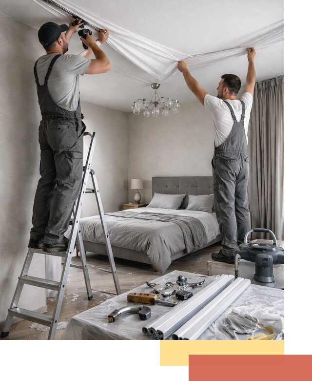 Монтаж натяжного потолка в спальне в зиме