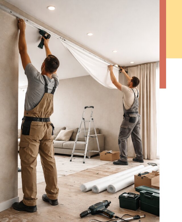 Монтаж натяжного потолка в гостиной в зиме от 563 руб. | ОТДЕЛОЧНИК-Зма