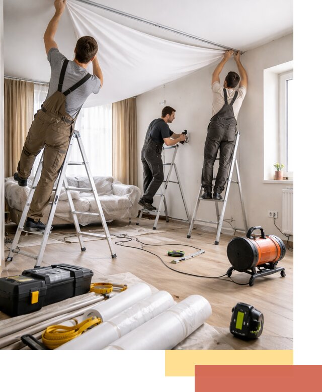 Монтаж натяжного потолка в гостиной в зиме