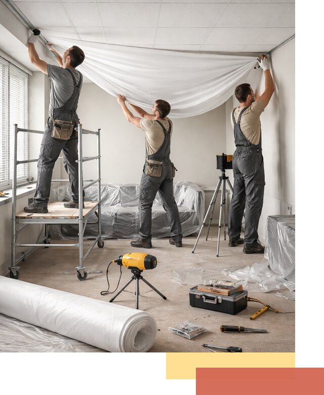 Монтаж натяжного потолка в офисе в зиме