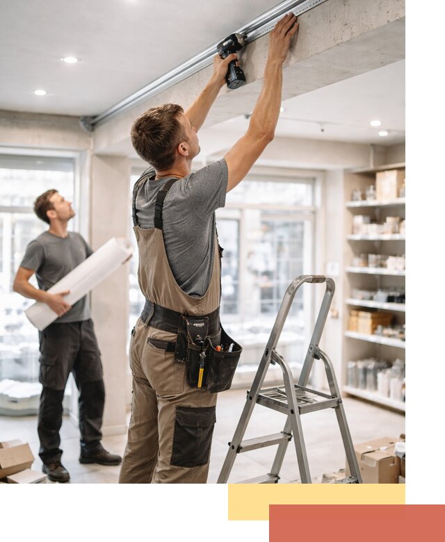 Монтаж натяжных потолков в магазине в зиме