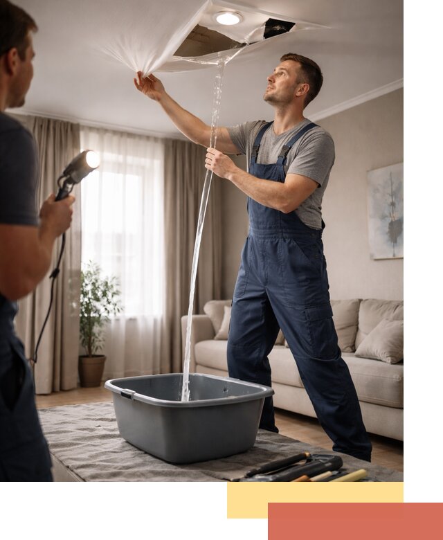 Слив воды с натяжного потолка в зиме быстро и аккуратно